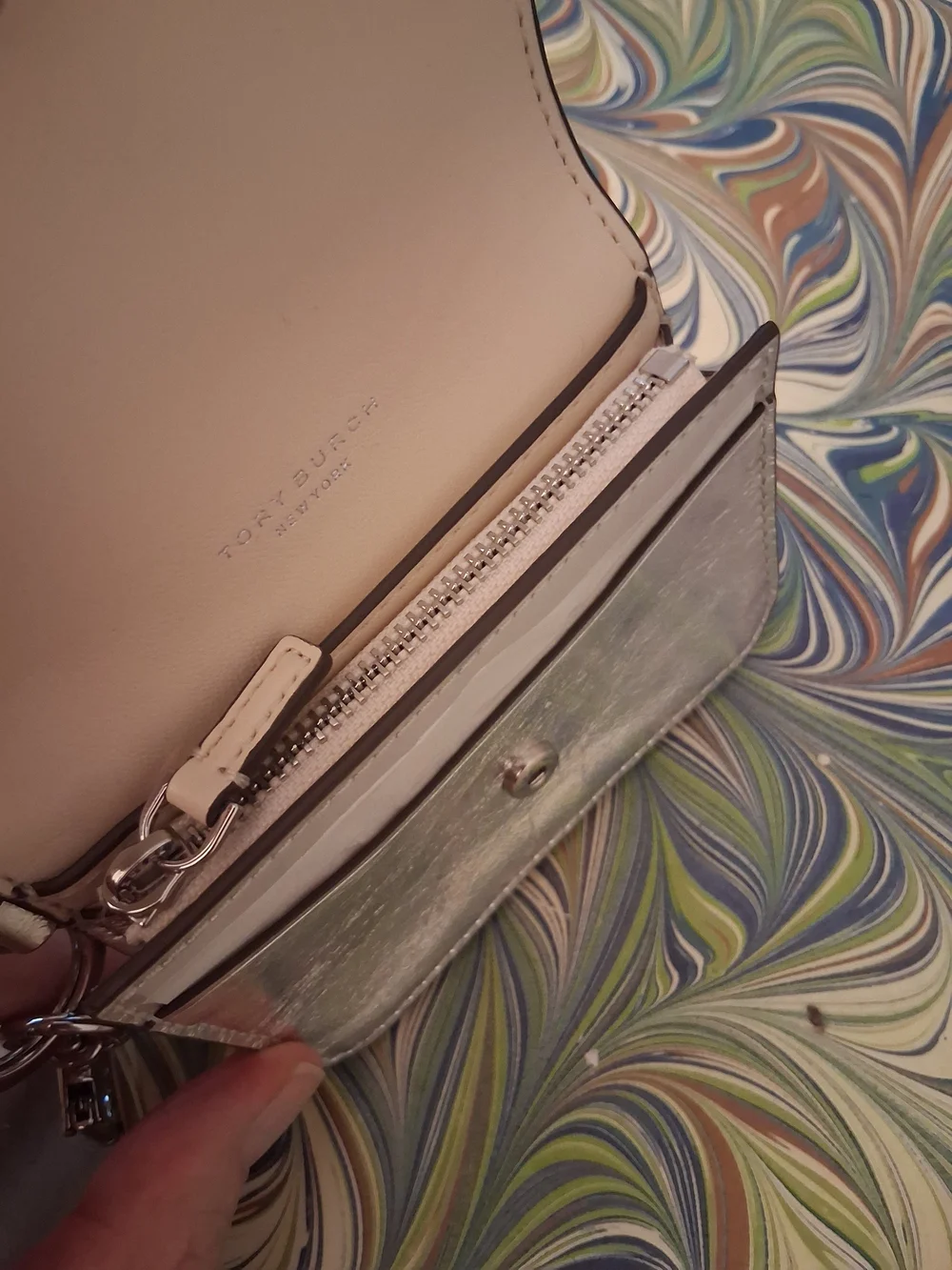 TORY BURCH Metallic Silver Key Pouch Card Holder NWT